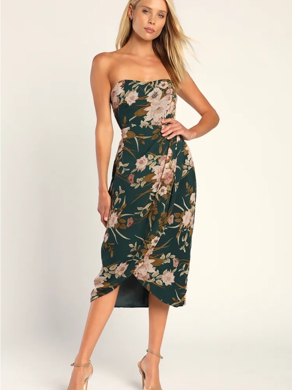 NWT Lulus Effortless Charm Hunter Green Floral Strapless Tulip Midi Dress XS